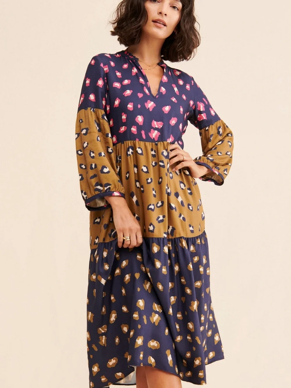 Free People Mixed-Print Tiered Midi Dress in Black, Mustard & Pink